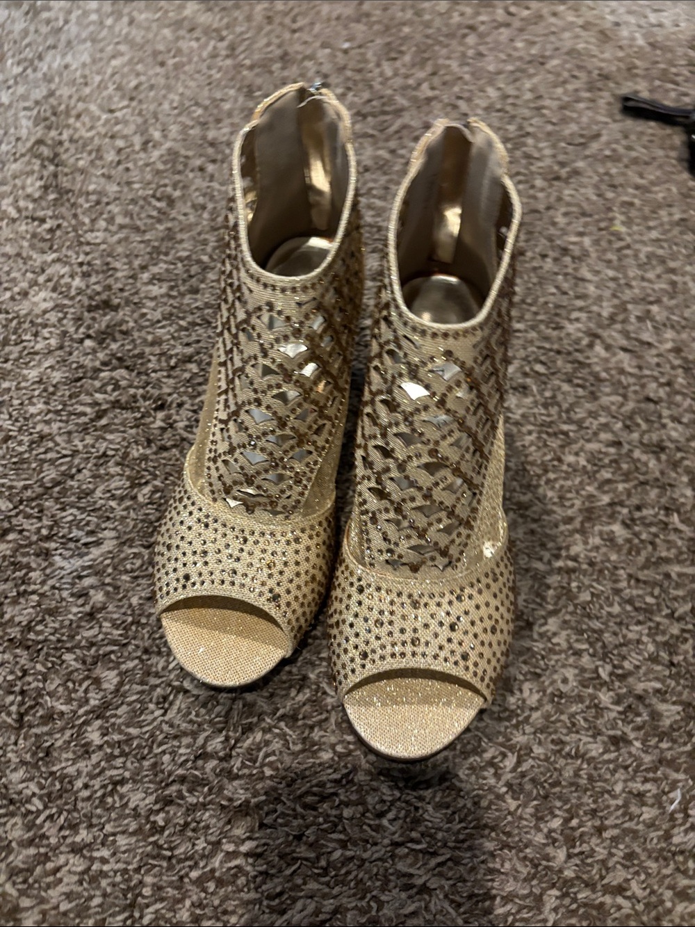 Pierre Dumas Gold Rhinestone Peep-Toe Booties